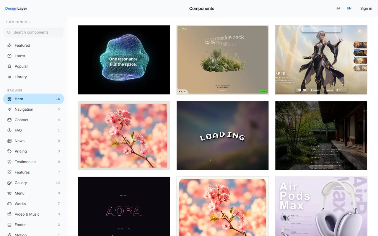 The DesignLayer catalog filtered to hero sections
