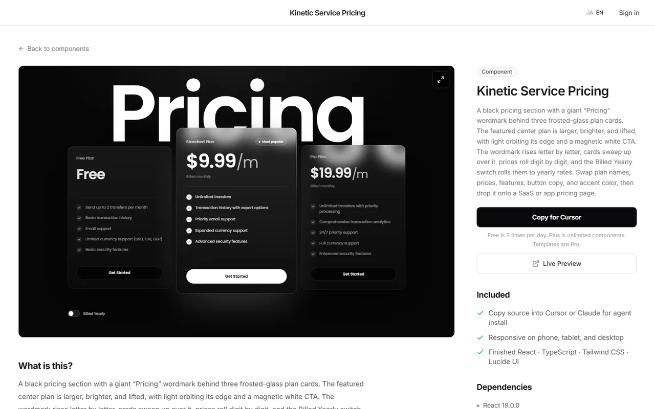The Kinetic Service Pricing page on DesignLayer: check the live preview on the left, then copy the source with Copy for Cursor on the right