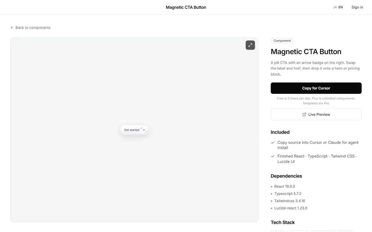 The Magnetic CTA Button page on DesignLayer: check the live preview on the left, then copy the source with Copy for Cursor on the right