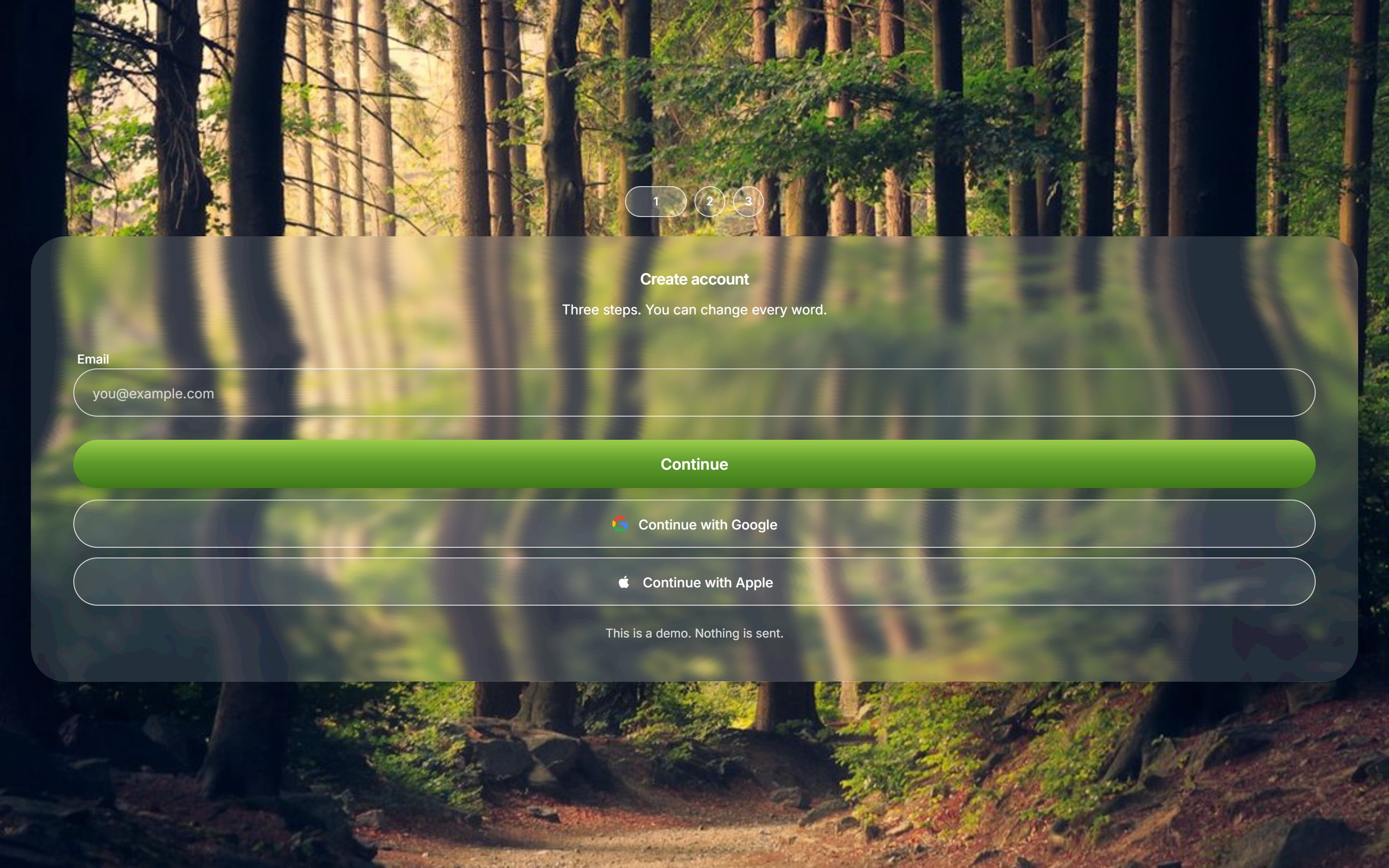 Liquid Glass Signup Steps React component