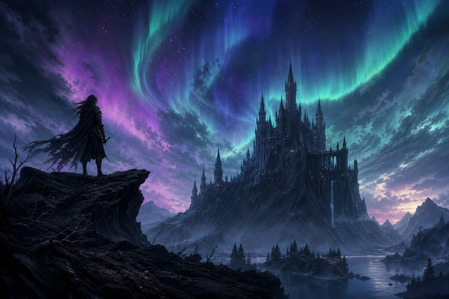 Aurora cliff fantasy illustration