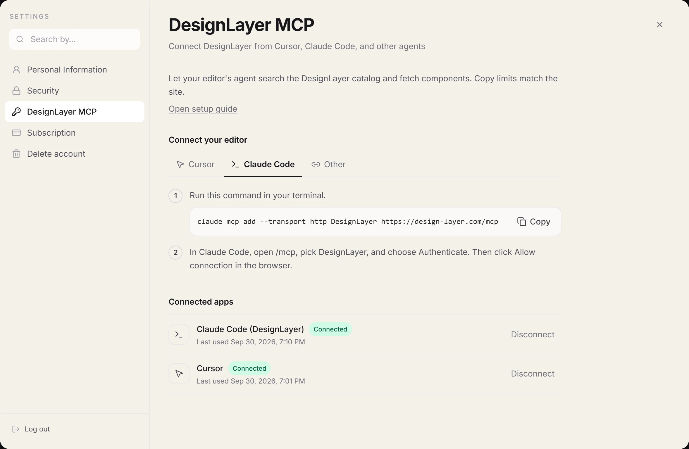 The Claude Code tab in DesignLayer MCP account settings, with the command and a copy button