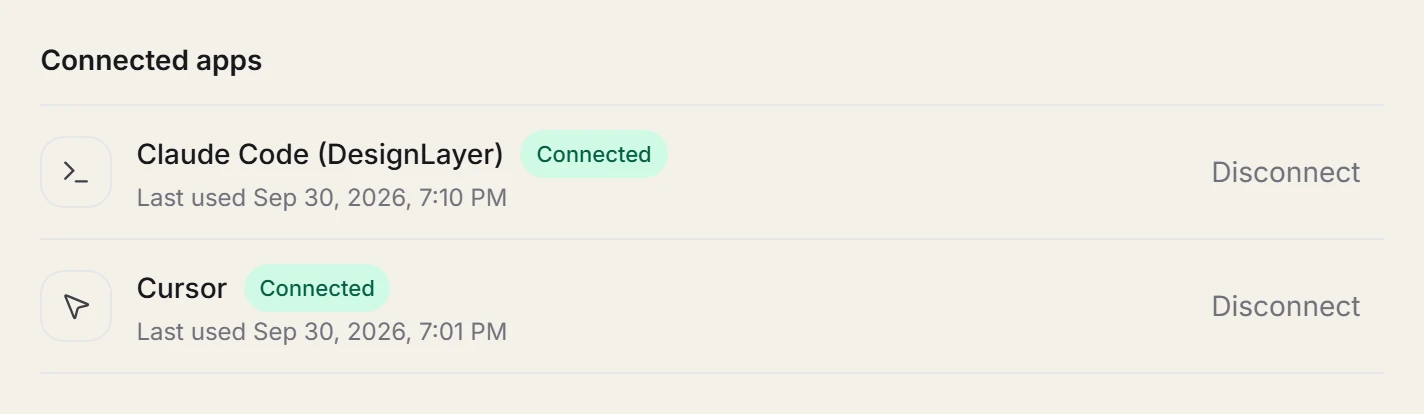 The Connected apps list, with Disconnect buttons for Claude Code and Cursor