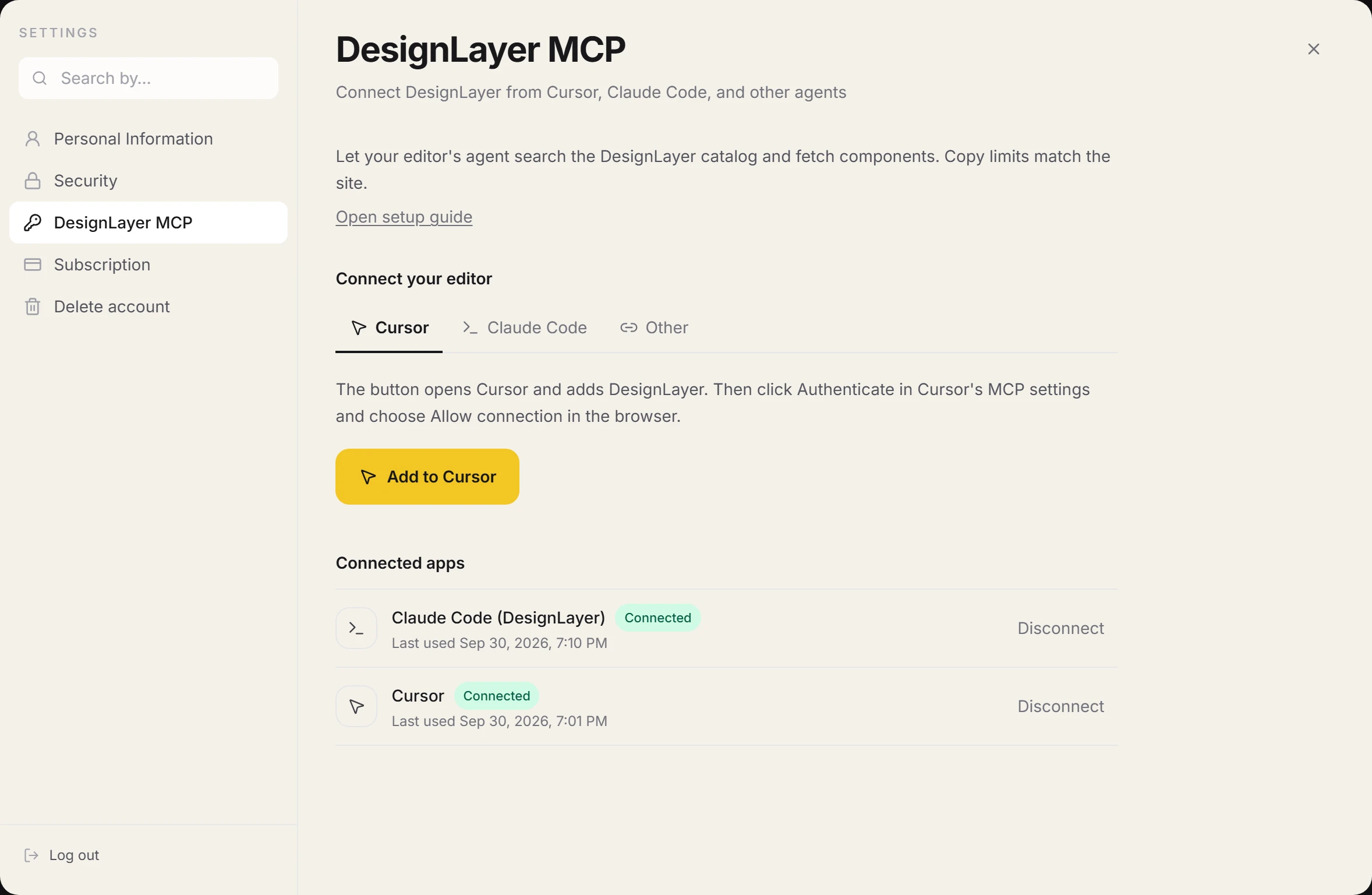 DesignLayer MCP in account settings, with the Add to Cursor button on the Cursor tab
