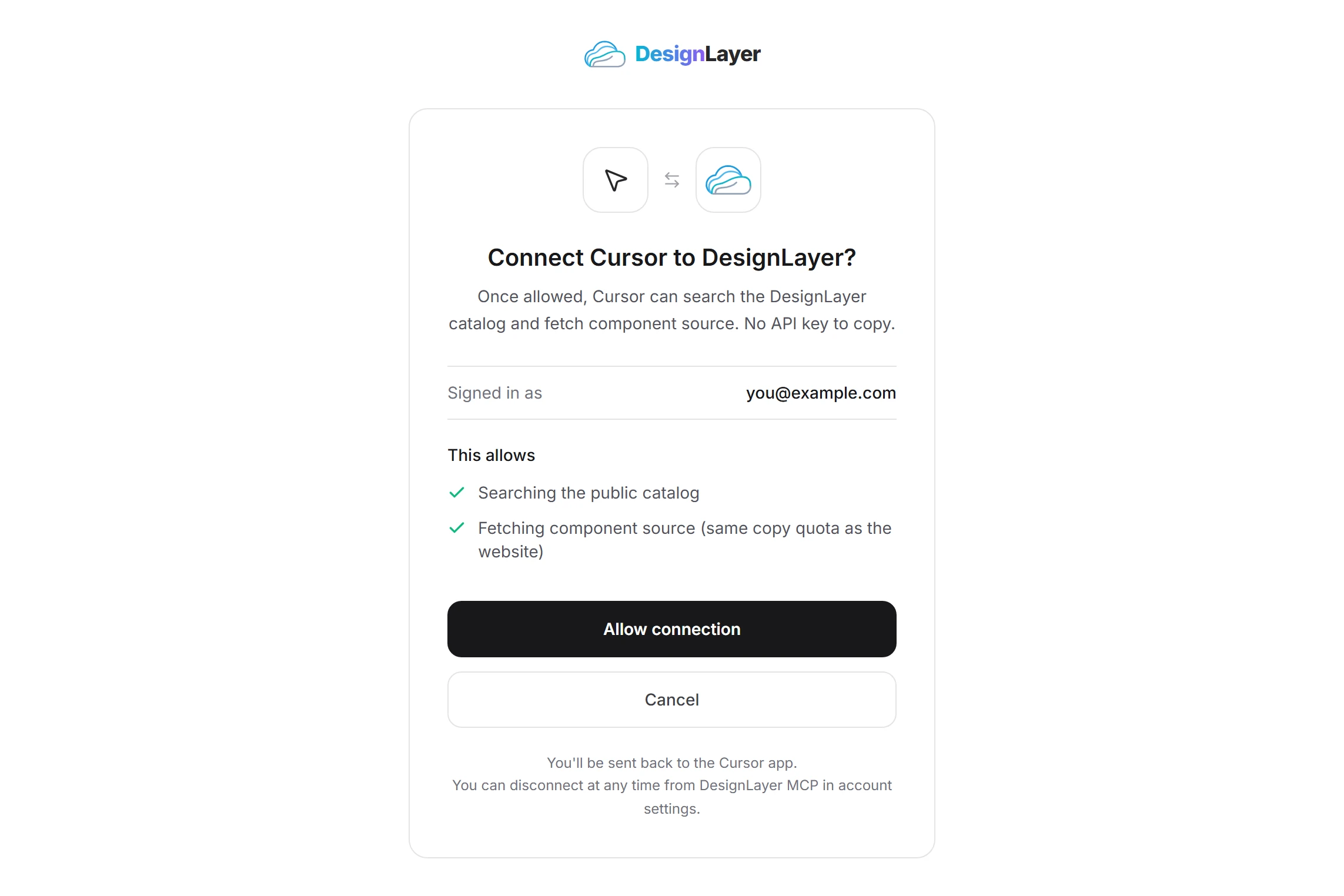 The DesignLayer consent page asking to connect Cursor, with an Allow connection button
